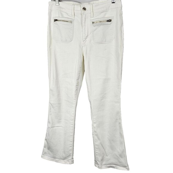White House Black Market Denim - WHBM Womens The Flare Crop Pants 10 White Logo High Rise Zipper Front Pockets